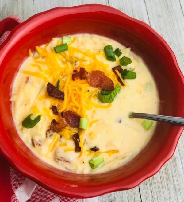 A bowl of soup with bacon, cheese and green onions.
