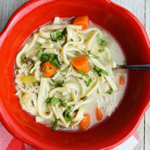 A bowl of soup with noodles and vegetables.