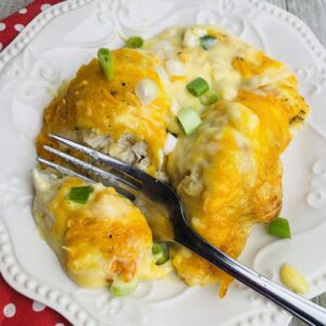 A plate of food with some cheese and green onions